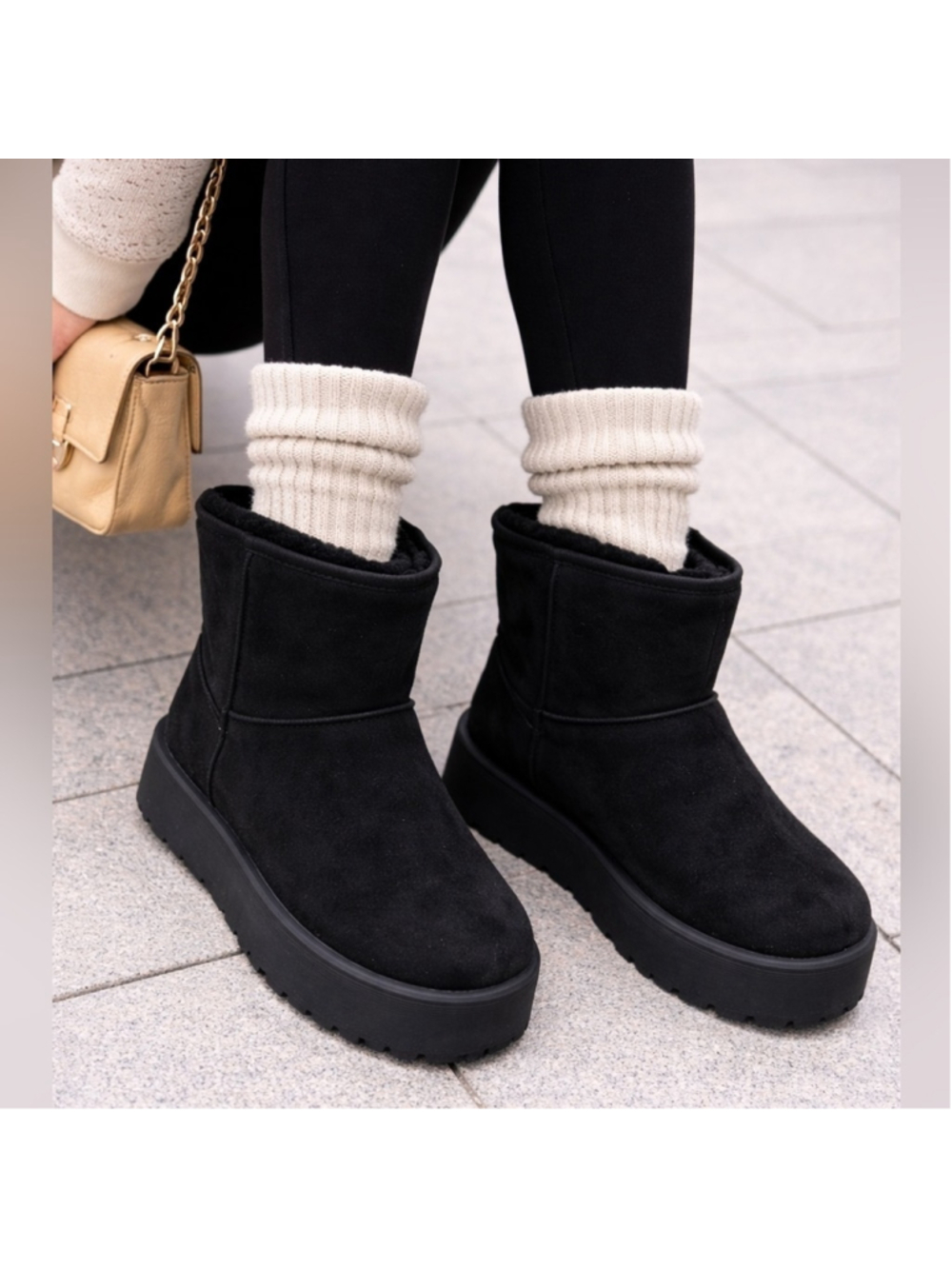 Women's Furry Faux Suede Ankle Platform Booties Black Size 6.5
